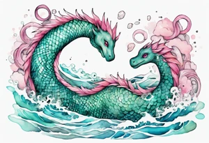 a beautiful Nessie with turquoise and pink scales emerging from the waves tattoo idea