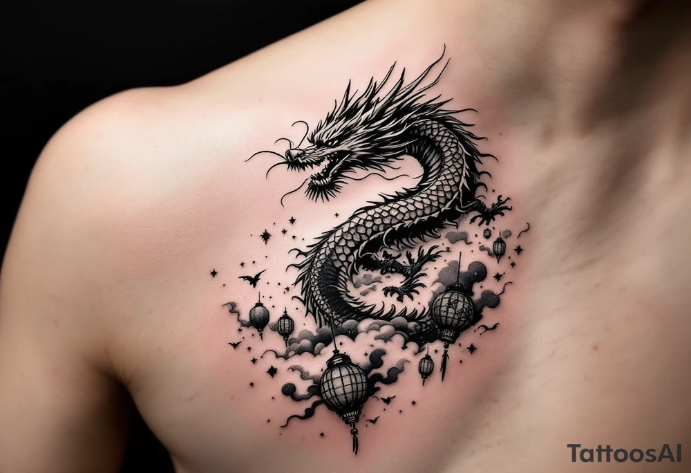 Chinese dragon flying towards the sky surrounded by chinese lanterns tattoo idea