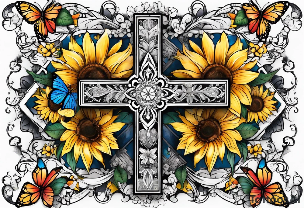 Arm sleeve with Winged cross with sunflower and butterflies tattoo idea
