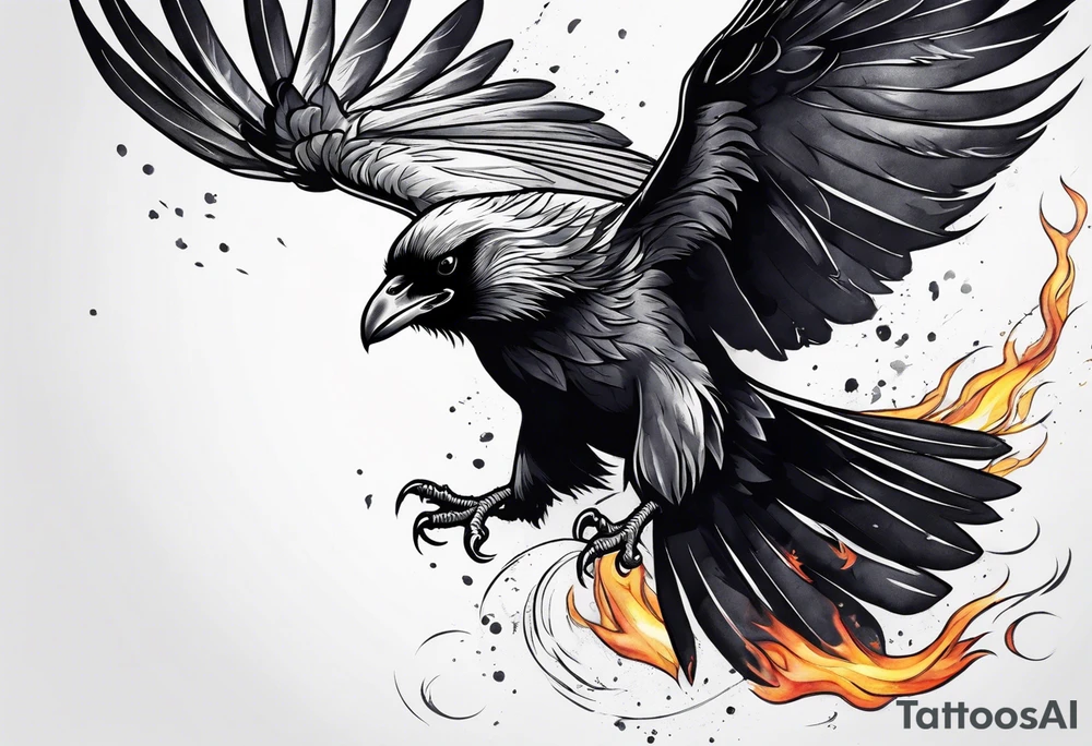 outline drawing of a flying raven with wings on fire tattoo idea