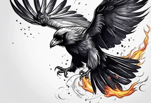 outline drawing of a flying raven with wings on fire tattoo idea