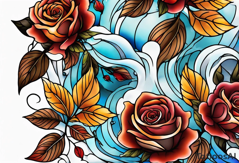 thigh tattoo with fall colors showing, flowers, roses, water flow, and sky tattoo idea