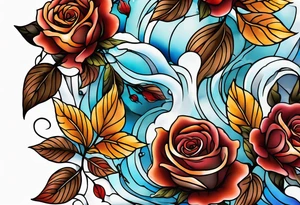 thigh tattoo with fall colors showing, flowers, roses, water flow, and sky tattoo idea