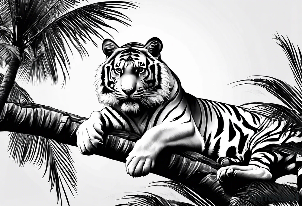 tiger laying on palm tree tattoo idea