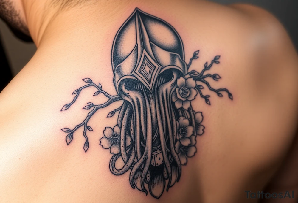 squid knight helmet combined with tree roots, cherry blossoms and roses rolling dice tattoo idea