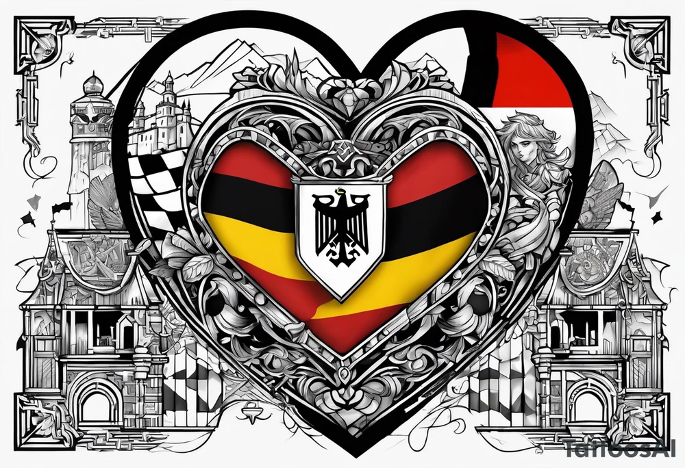 A geometric lined heart encased in the flag of Germany and North Carolina surrounded by characters from Zelda, Final Fantasy 8, and Howel's Moving Castle. tattoo idea