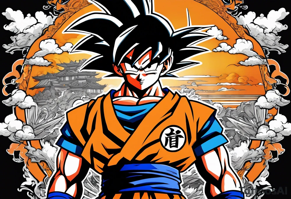 Son-Goku as a super saiyajin is in the middle and black Silhouettes of Gokus friends are surrounding him and covering his back tattoo idea