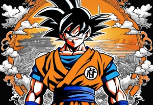 Son-Goku as a super saiyajin is in the middle and black Silhouettes of Gokus friends are surrounding him and covering his back tattoo idea
