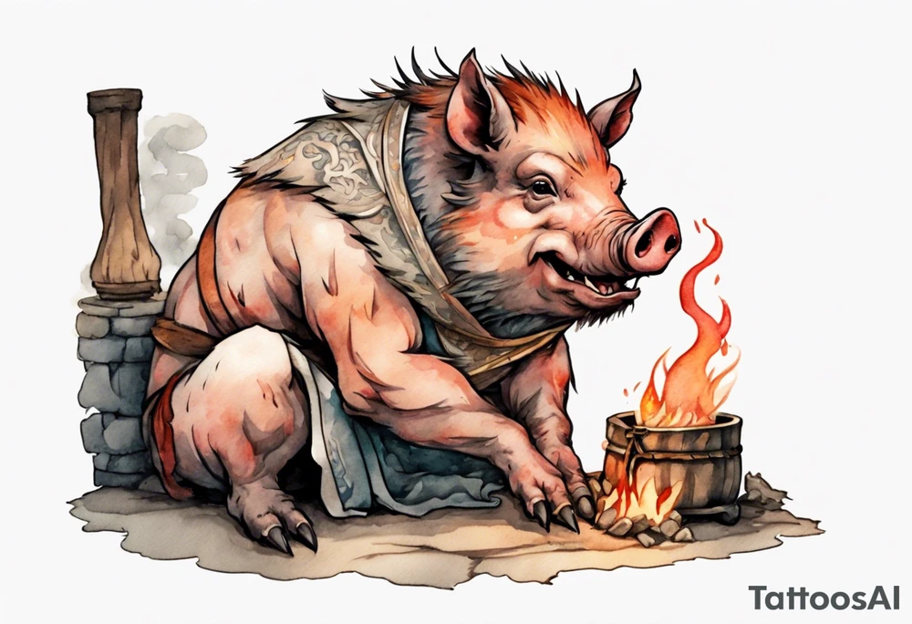 a Medieval boar sitting by the hearth tattoo idea