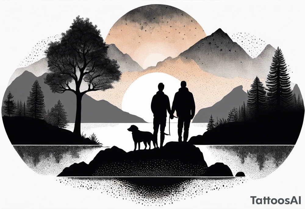 nature, sunset, mountains, a father and son hiking with their dog and cat 
by the water tattoo idea