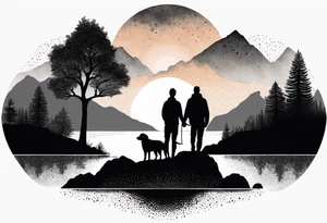 nature, sunset, mountains, a father and son hiking with their dog and cat 
by the water tattoo idea
