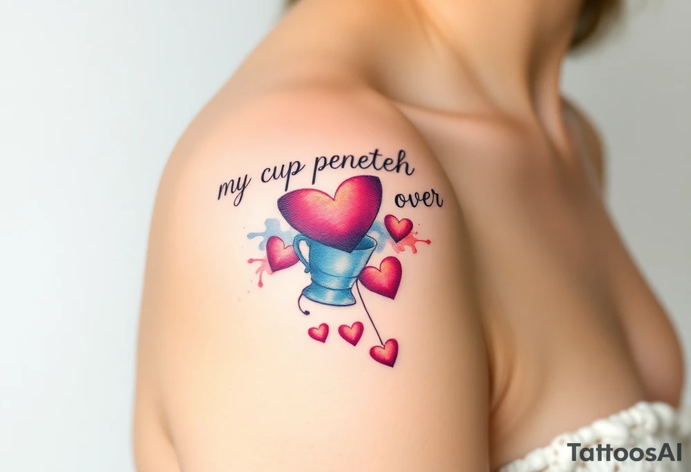 A representation of "my cup runneth over" with love on the shoulder cap with hearts cascading down the bicep tattoo idea