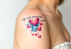 A representation of "my cup runneth over" with love on the shoulder cap with hearts cascading down the bicep tattoo idea