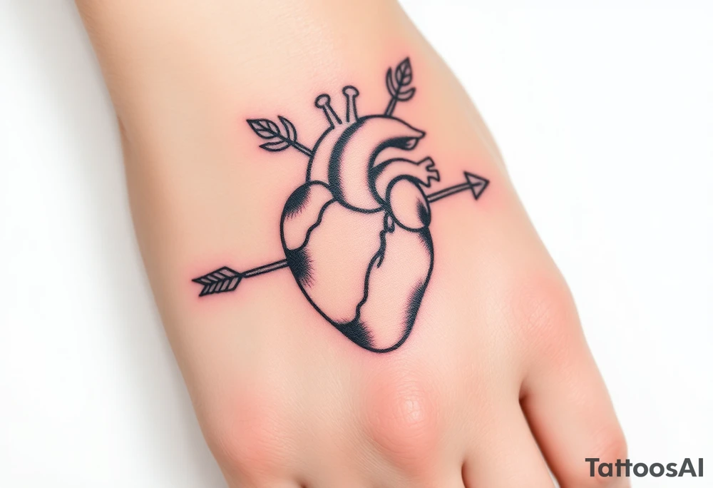 anatomical heart pierced by ornate arrow with flowing ribbons tattoo idea