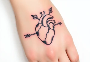 anatomical heart pierced by ornate arrow with flowing ribbons tattoo idea