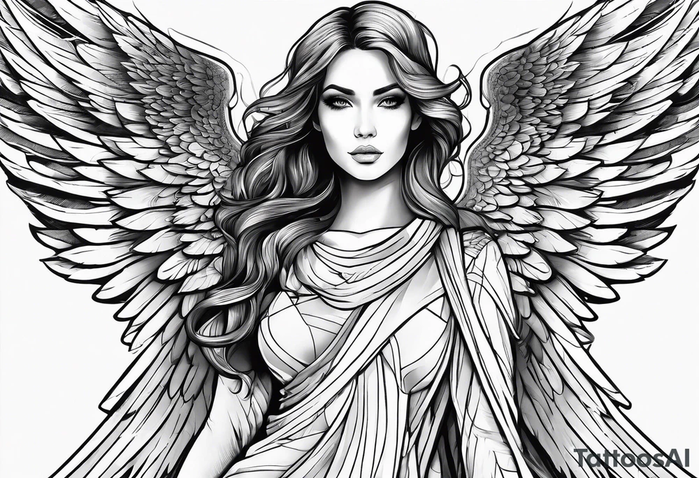 angel woman with big wings full body flying on the sky tattoo idea