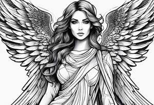 angel woman with big wings full body flying on the sky tattoo idea