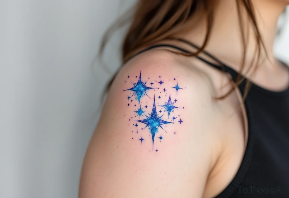 Watercolor-style Capricorn stars constellation in soft blues and purples, fading like a cosmic dream across the shoulder. tattoo idea