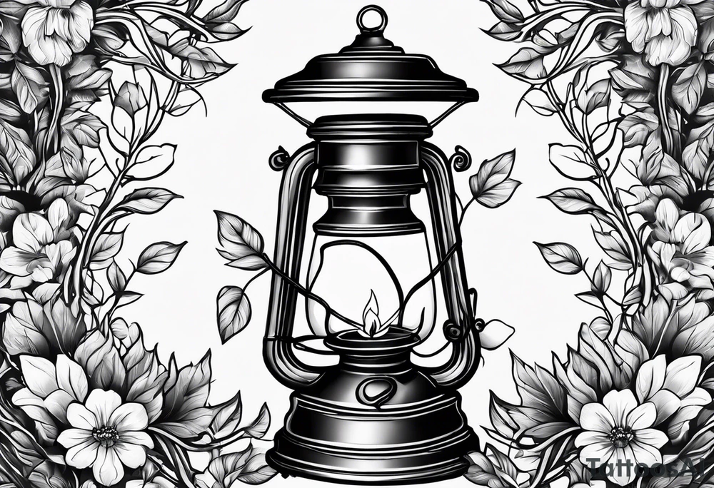 Oil lamp surrounded by leafy vines tattoo idea