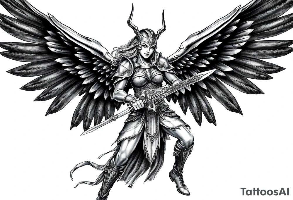 A fierce looking Valkyrie with very big dark wings. The whole body with legs should be visible. 
She's wielding a intricatelly decorated sword and a sturdy

She has heavy armor and a helmet with 
Wings tattoo idea