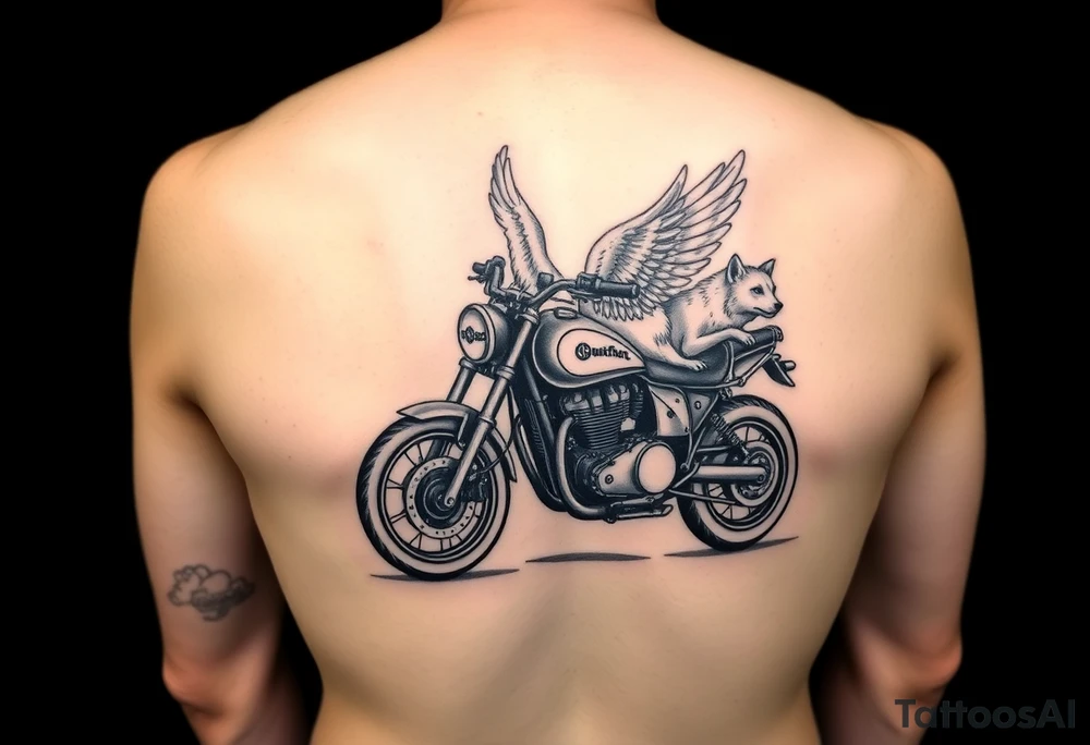 a motorcycle on it with guardian angel wolves on the bike tattoo idea