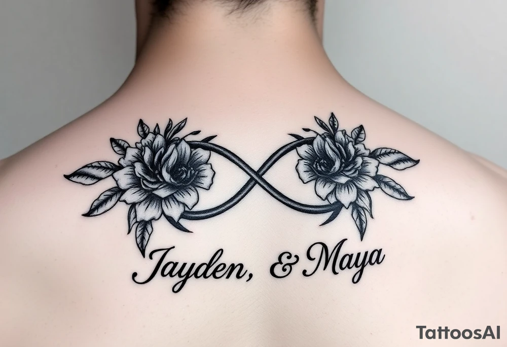 January December july birth Flower infinity sign and the names Jayden and Maya tattoo idea