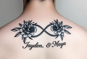 January December july birth Flower infinity sign and the names Jayden and Maya tattoo idea