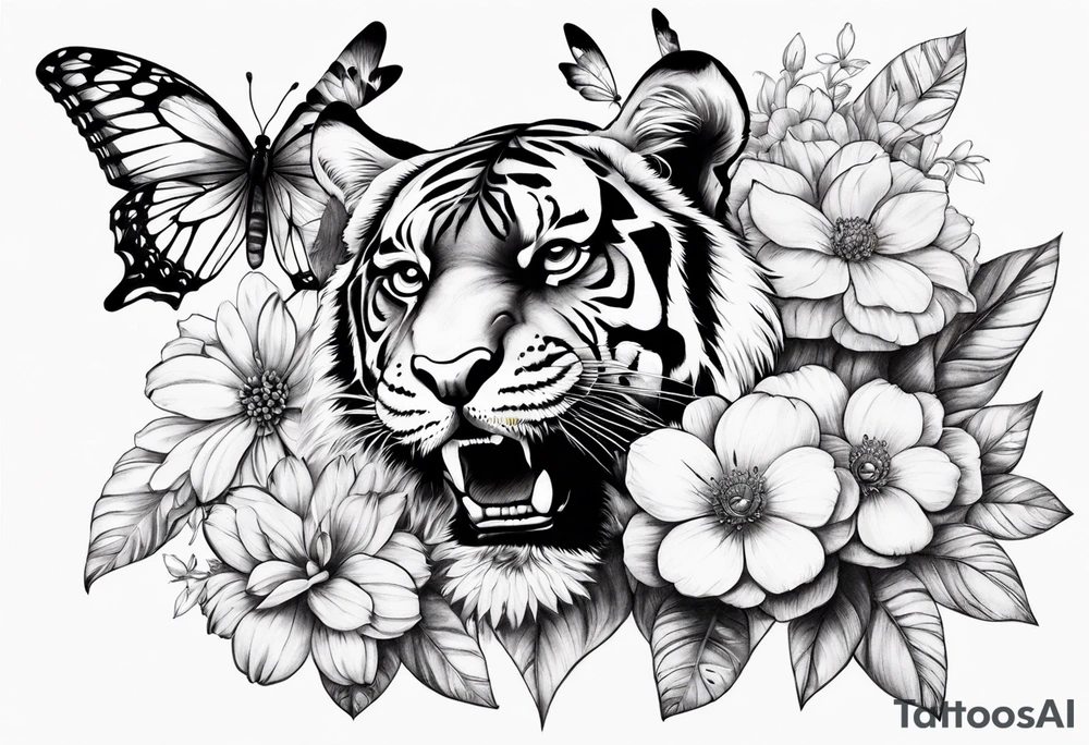 tiger, 3 buterflies, flowers for ladies thigh / hip shaded tattoo idea