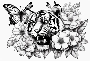 tiger, 3 buterflies, flowers for ladies thigh / hip shaded tattoo idea