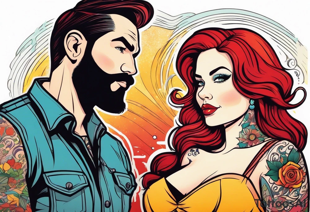 Busty Red haired woman with black haired bearded man tattoo idea