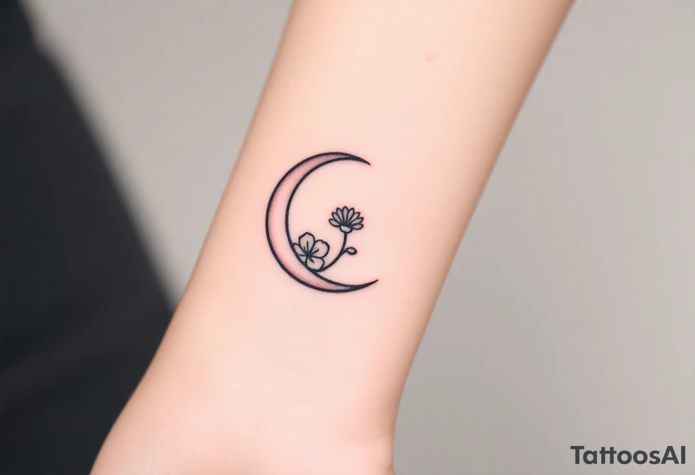 Small black and white tattoo waxing crescent moon with small Daisy birth flower and tiny Leo gliph tattoo idea