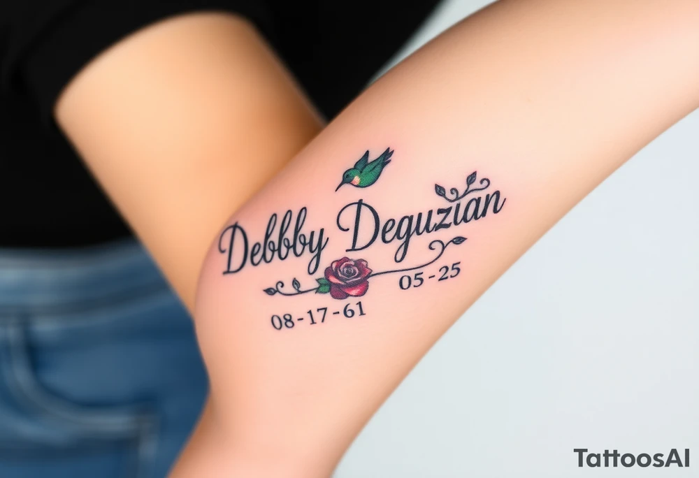 Cursive name Debby Deguzman surrounded by a hummingbird a rose and these dates 08-17-61 to 05-29-25 tattoo idea