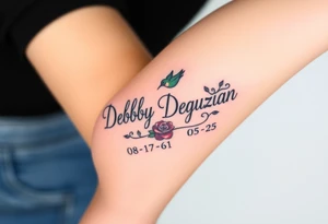 Cursive name Debby Deguzman surrounded by a hummingbird a rose and these dates 08-17-61 to 05-29-25 tattoo idea