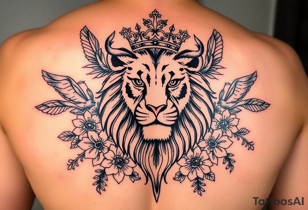powerful majestic lion with a crown and owl  surrounded by floral ornaments and birds tattoo idea