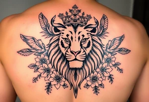 powerful majestic lion with a crown and owl  surrounded by floral ornaments and birds tattoo idea