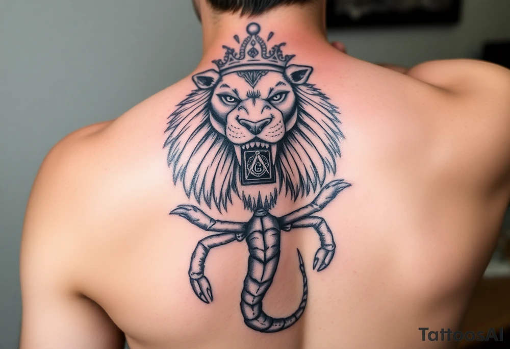 Full arm tattoo, Poseidon , a powerful and majestic lion with a crown and in the middle of this crown a square is a freemason's compass, a realistic scorpion, tattoo idea