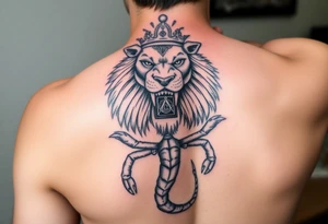 Full arm tattoo, Poseidon , a powerful and majestic lion with a crown and in the middle of this crown a square is a freemason's compass, a realistic scorpion, tattoo idea