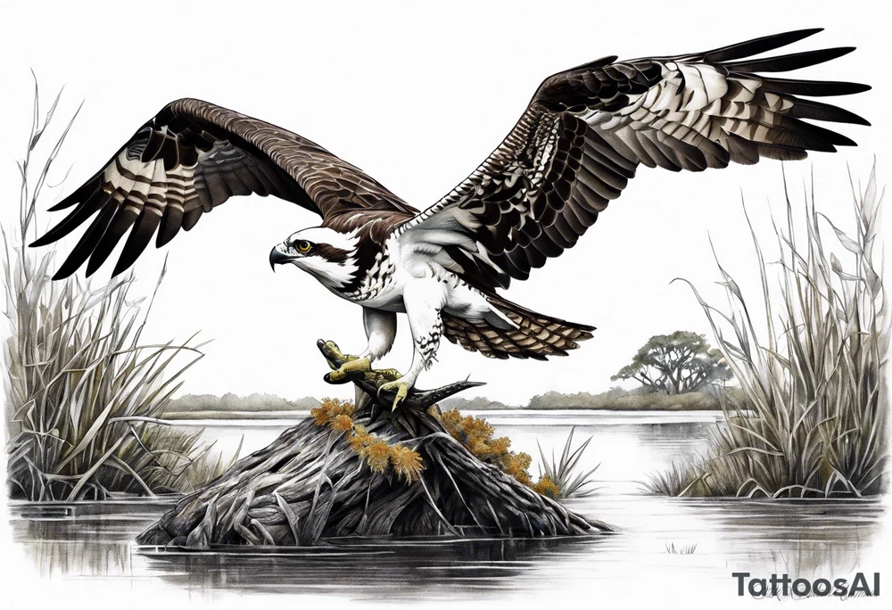 Osprey and alligator in the marsh live oak tattoo idea