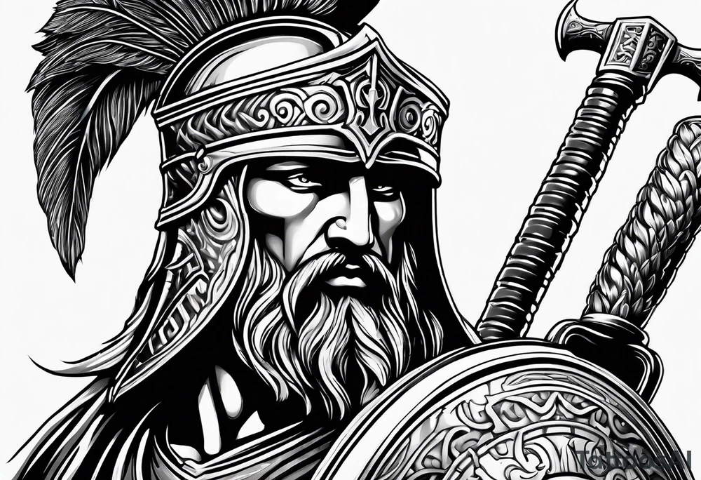 greek warrior wearing a Corinthian helmet weilding an axe tattoo idea greek warrior wearing a Corinthian helmet weilding an axe tattoo idea