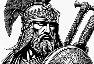 greek warrior wearing a Corinthian helmet weilding an axe tattoo idea