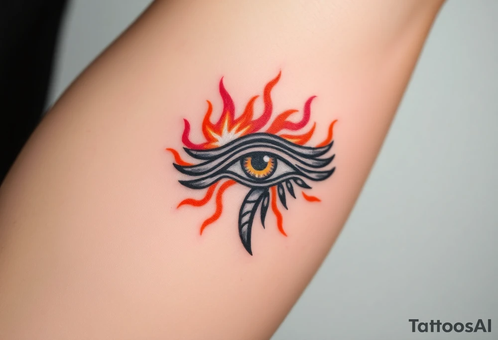 A fire-themed Eye of Horus, with glowing orange and red flames dancing around, symbolizing transformation and power tattoo idea