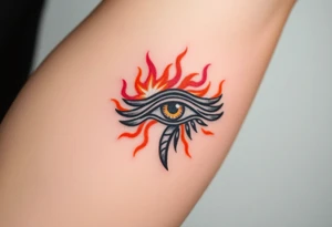 A fire-themed Eye of Horus, with glowing orange and red flames dancing around, symbolizing transformation and power tattoo idea
