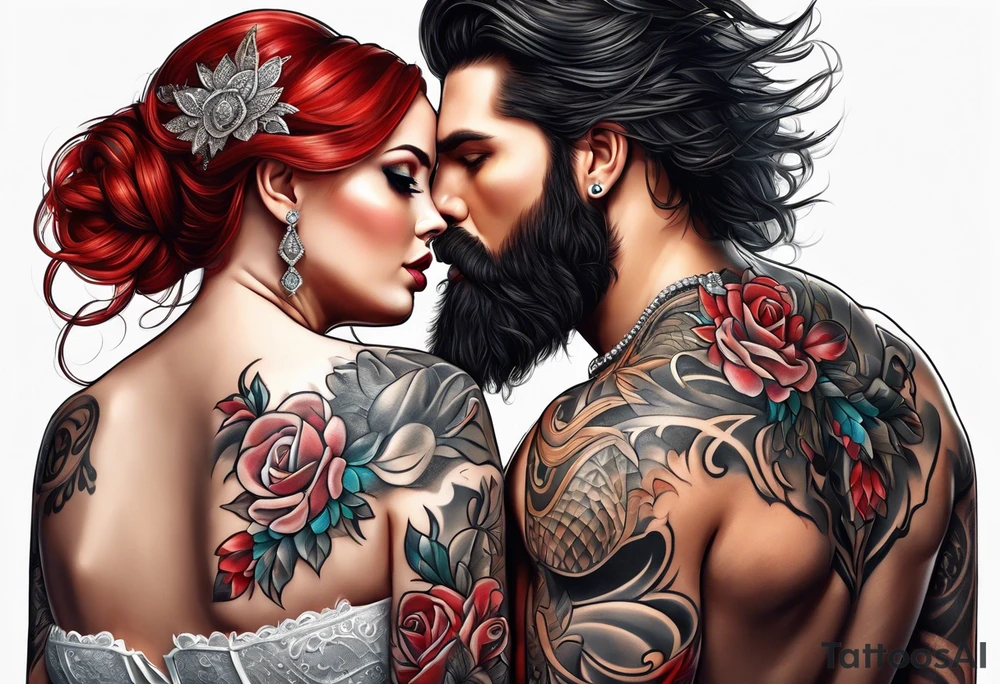 Busty red haired woman with a bearded man who has black hair getting married tattoo idea