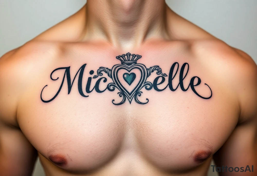 Design a tattoo for a man’s chest of a woman’s name (Michelle). Incorporate a subtle Irish Claddagh tattoo idea