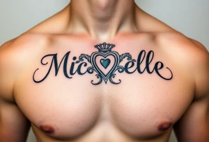 Design a tattoo for a man’s chest of a woman’s name (Michelle). Incorporate a subtle Irish Claddagh tattoo idea