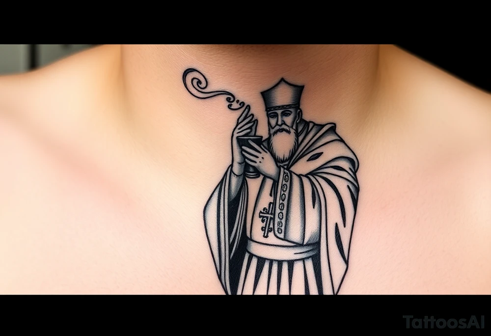 Russian Orthodox Priest in fully detailed vestment swinging a censer with smoke curling upward tattoo idea
