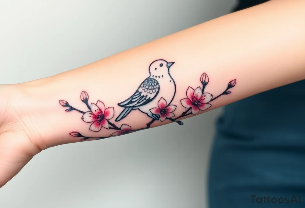 A collared dove perched on a blooming branch of cherry blossoms, with soft pink and white flowers, and the dove in gray with subtle blue accents, symbolizing renewal and peac tattoo idea