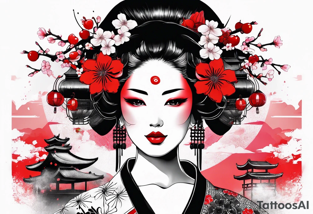 trash polka cyber geisha red sun cherry blossoms tattoo idea