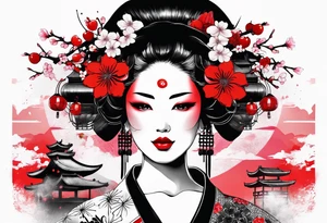 trash polka cyber geisha red sun cherry blossoms tattoo idea