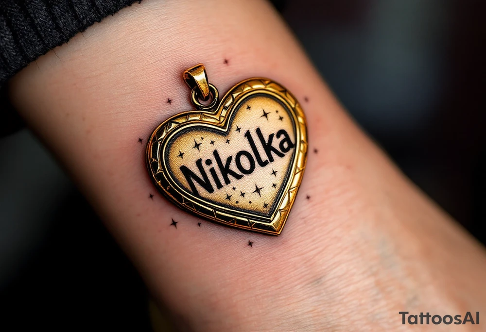 Nikolka name wrapped in a golden heart-shaped locket, slightly open with sparkles around. tattoo idea